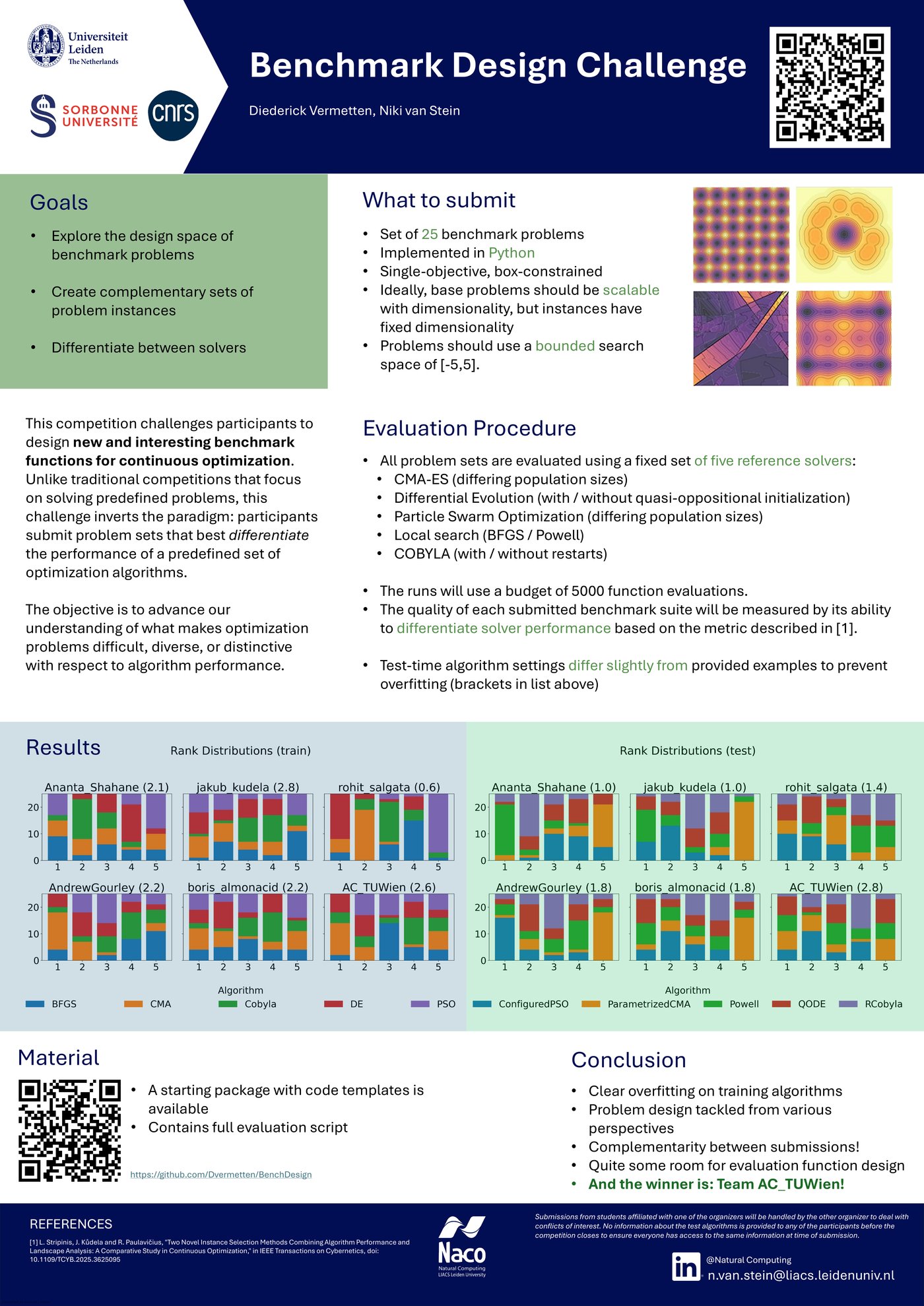 GECCO 2026 BenchDesign Challenge results poster, presented by Diederick Vermetten and Niki van Stein